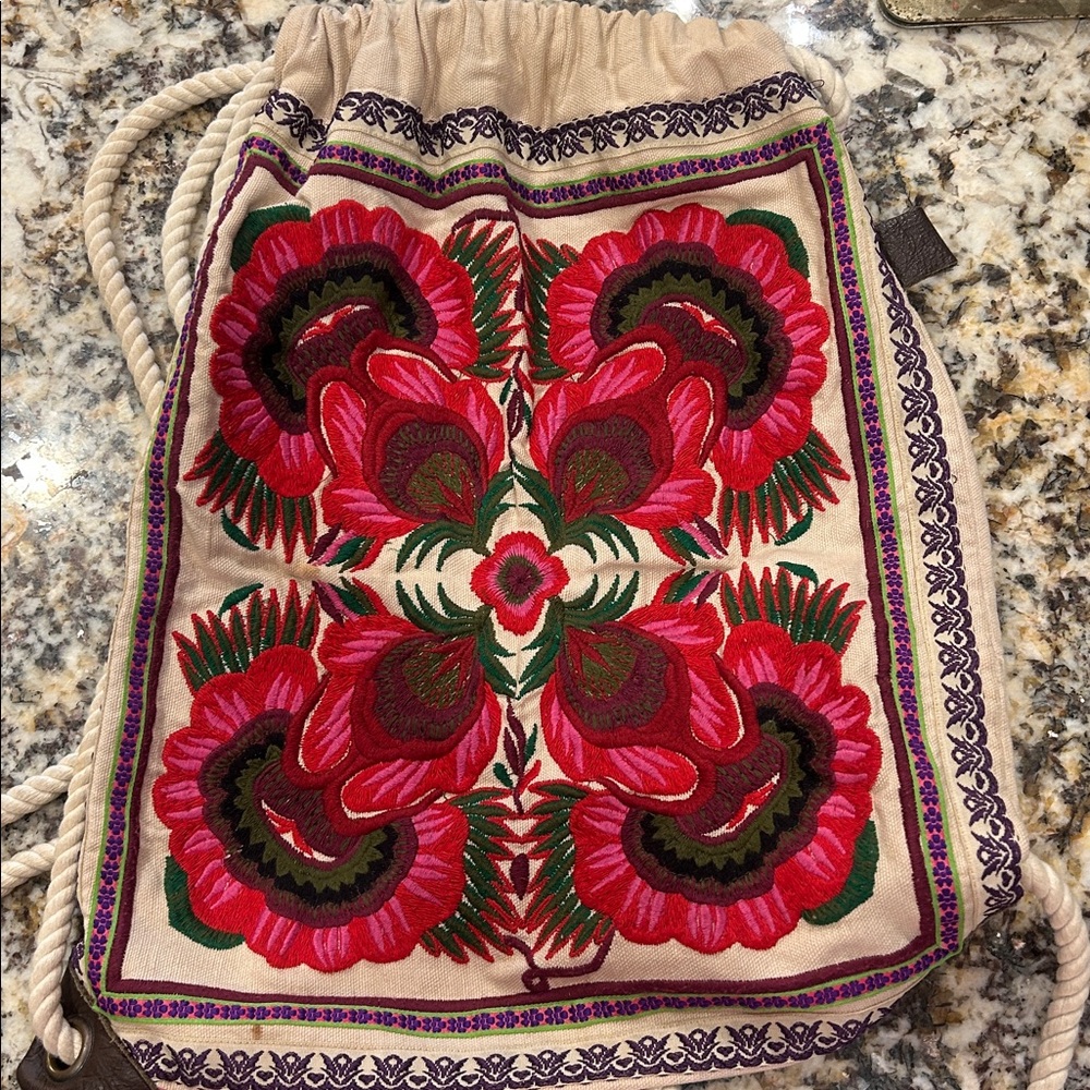 American Eagle Embroidered Floral Drawstring Bag